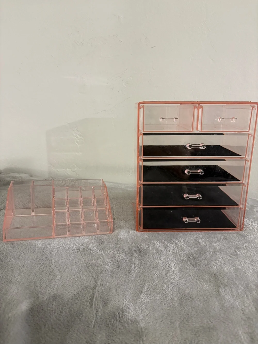 Pink Acrylic Makeup Organizer with 6 Drawers and Top Compartments